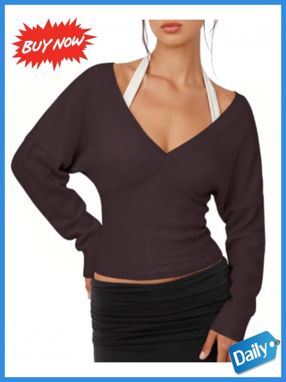 LASLULU Deep V Neck Wrap Pullover Sweater Long Sleeve Crop Top Batwing